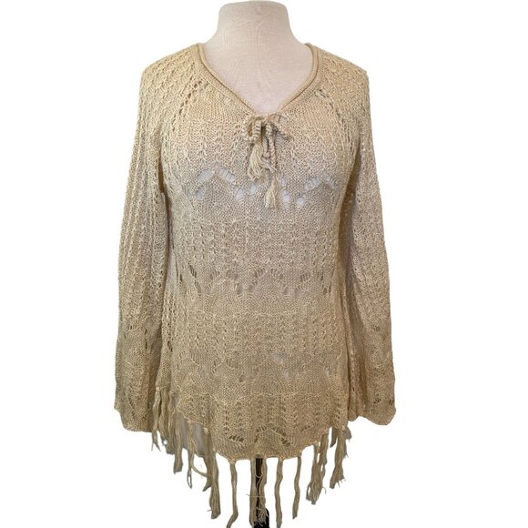 A Peach Sweater Women Large Beige Fringed Pullover Crochet Bohemian Bell Sleeves - Picture 11 of 13